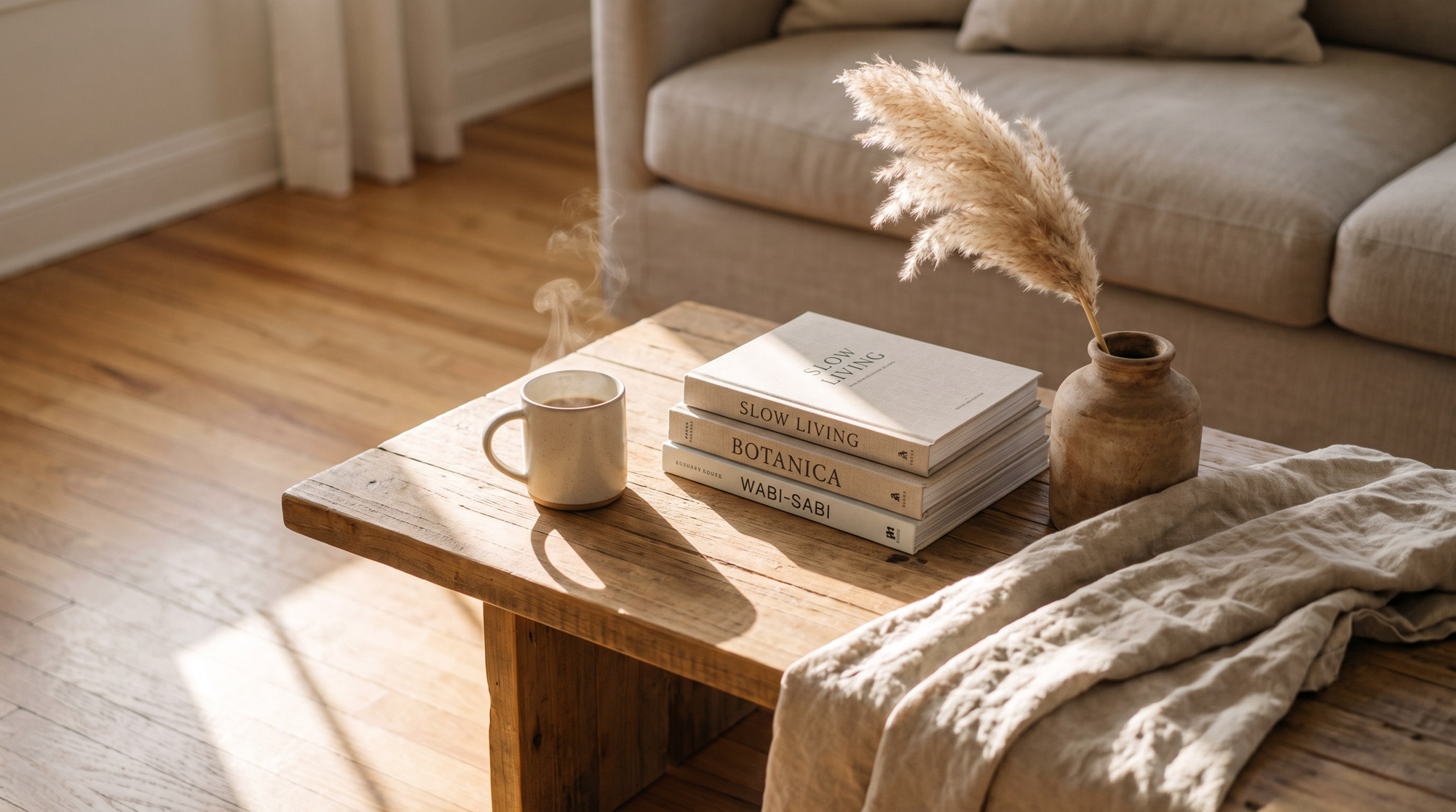 A calm living room in daylight — coffee, books, and a tidy sofa